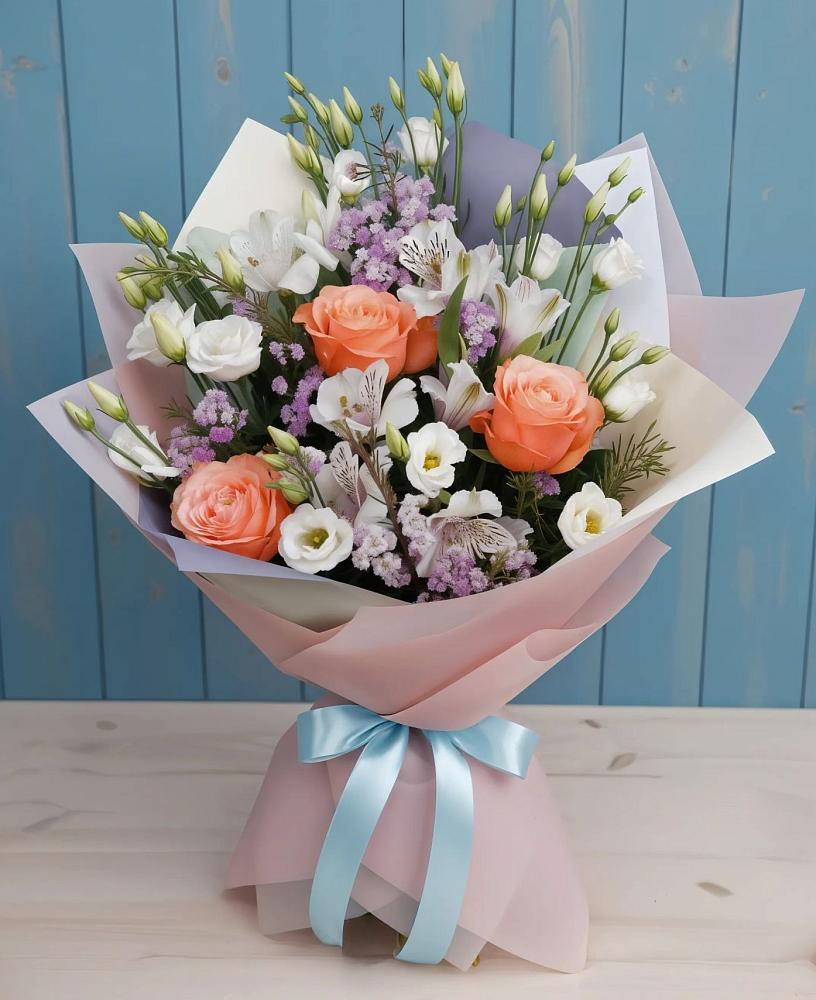 Букет цветов из: Лизиантусы, Розы, Альстромерии и Гипсофила в Меленках